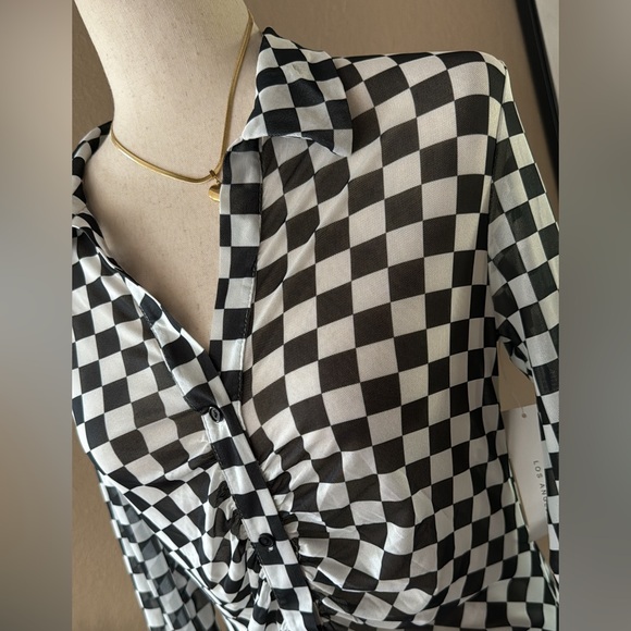 Checkered mesh long sleeve button down top - Picture 4 of 10